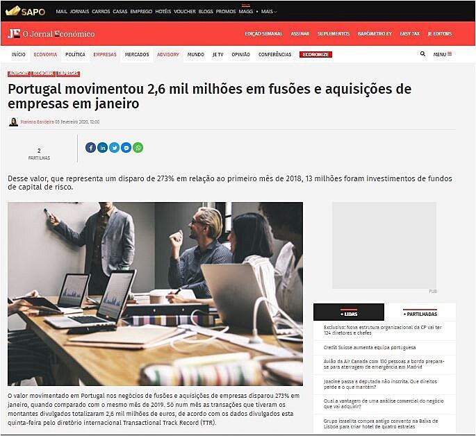 Portugal movimentou 2,6 mil milhes em fuses e aquisies de empresas em janeiro